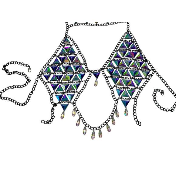 RAVE WONDERLAND DOLLS KILL Iridescent Gem Jewelry Crop Top Crystal Chain Bra - Picture 7 of 15
